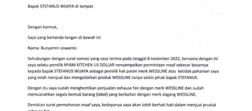 Penindakan Tegas Terhadap Pemalsuan dan Penggunaan Merk WESSLINE Tanpa Izin oleh Bunyamin Siswanto (Nyam Kitchen)